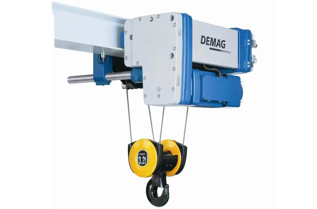 Blue and white industrial hoist with hook.